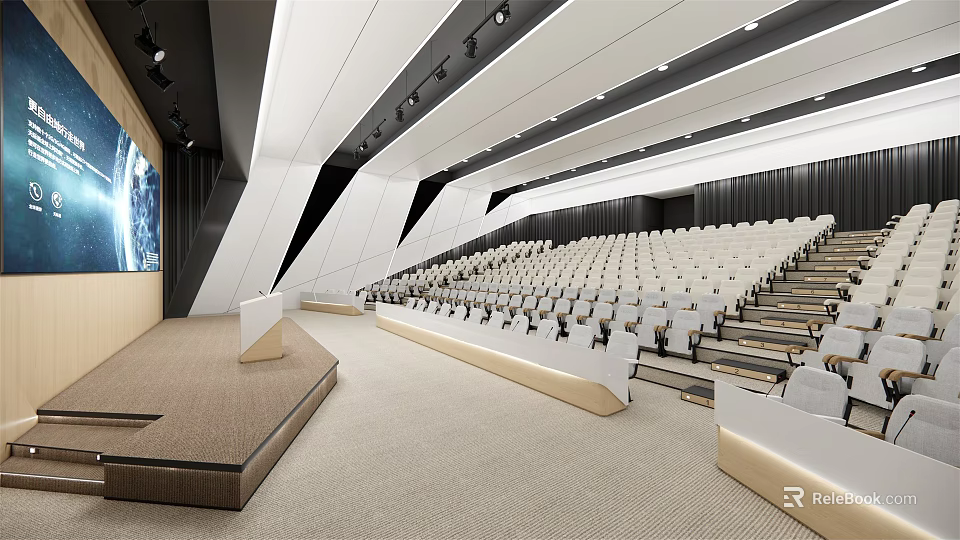 Modern Conference Room Interior Design With Tiered White Seats Lectern And Large Screen 3d model 