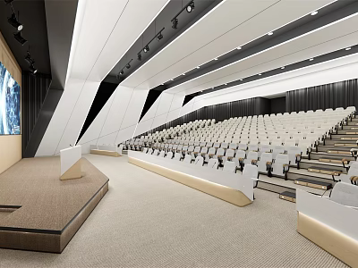 Modern Conference Room Interior Design With Tiered White Seats Lectern And Large Screen 3d model
