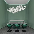 Hotel Public Lounge Area With Green Striped Walls White Marble Table And Transparent Glass Chairs