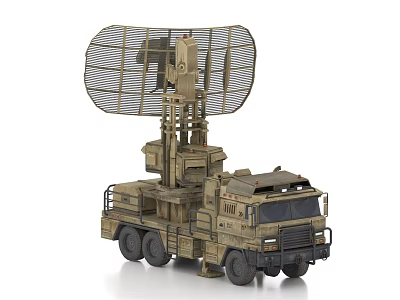 Military Functional Vehicle With Large Radar Antenna And Tall Mast Structure 3d model