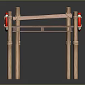 Wooden Plank Bridge Structure With Support Posts Rope Railings And Red Decorations 3d model