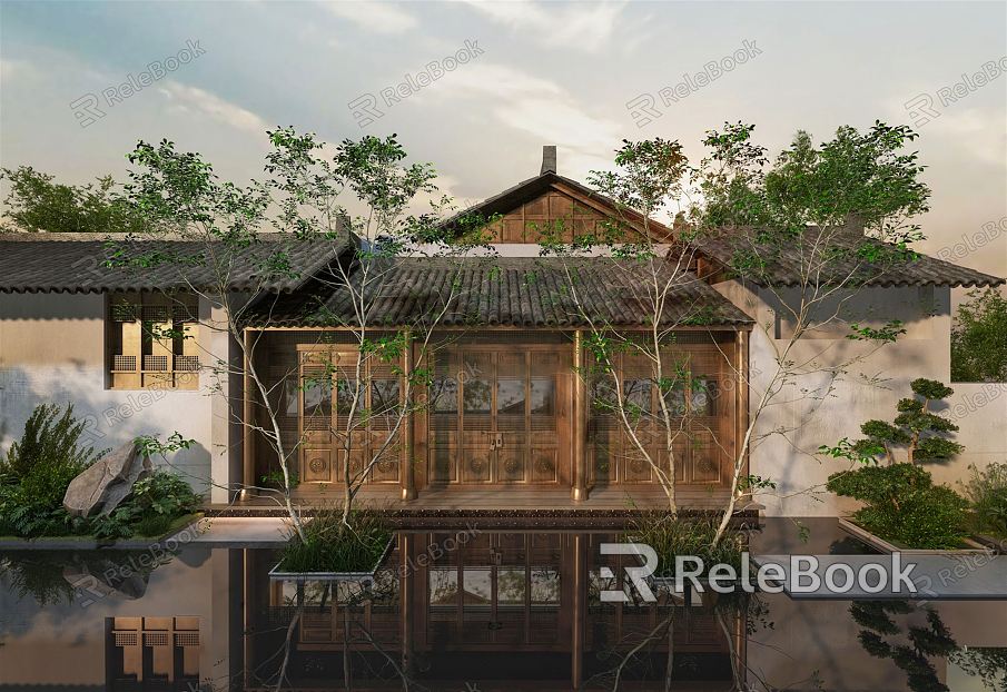 New Chinese Courtyard Courtyard Landscape Waterscape Traditional West Sichuan Wooden Structure Residential Courtyard Roof Courtyard Landscape Courtyard Setches model