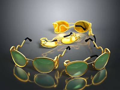Multiple Golden Sunglasses With Green Lenses And Gold Frames On Reflective Surface 3d model