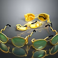 Multiple Golden Sunglasses With Green Lenses And Gold Frames On Reflective Surface