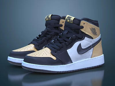 High Top Black Gold White Shoes With Nike Swoosh Logo And White Sole 3d model