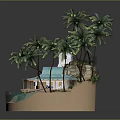 Cartoon Island Scene With Blue Roof Cottage Palm Trees And Water Area
