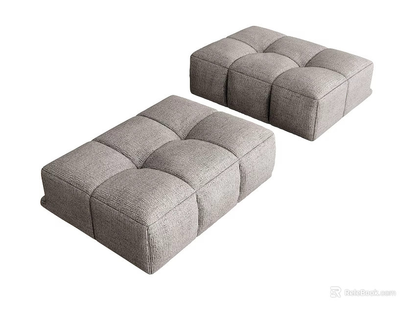 Two Modern Gray Fabric Ottoman Footstools With Square Tufted Design For Living Room 3d model 