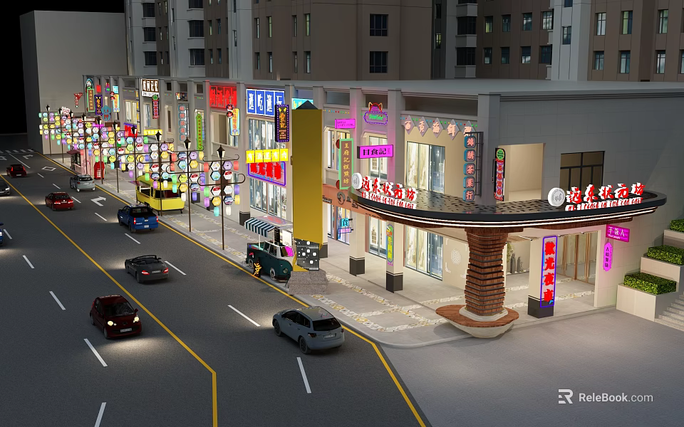 Vibrant Nighttime Commercial Street With Colorful Neon Signboards Various Shops Cars And Surrounding Buildings 3d model 