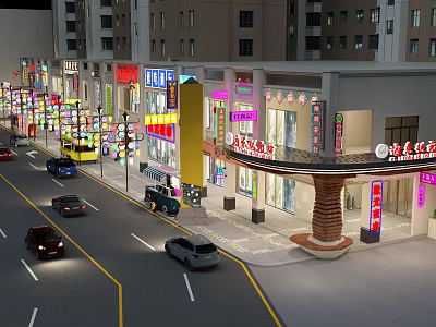 Vibrant Nighttime Commercial Street With Colorful Neon Signboards Various Shops Cars And Surrounding Buildings 3d model