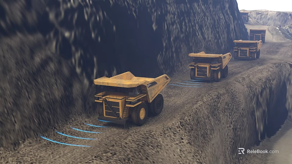 Three Yellow Dump Trucks Driving On Dirt Road In Mine Site 3d model 
