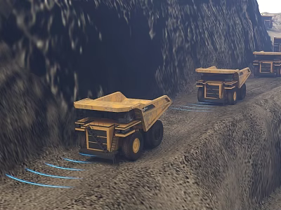 Three Yellow Dump Trucks Driving On Dirt Road In Mine Site 3d model