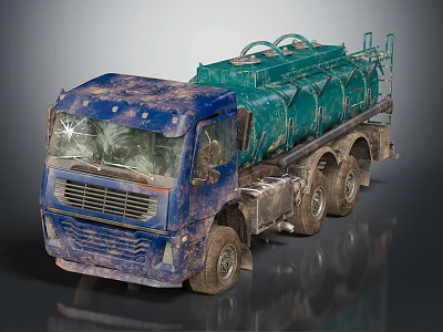 Rusty Damaged Blue Truck Featuring Green Tanks And Broken Windshield 3d model