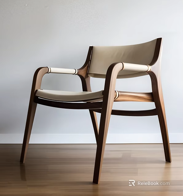 Single Modern Armchair With Wooden Frame Light Colored Seat And Curved Arms 3d model 