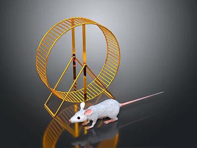 White Mouse Exploring Golden Hamster Wheel With Metal Frame On Reflective Surface 3d model