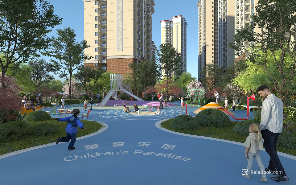 Children's Play Area With High Rise Buildings Green Trees Colorful Slides Swings And Kids Playing 3d model 