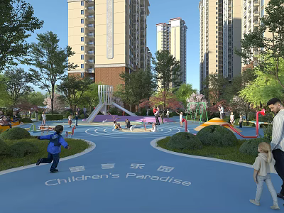 Children's Play Area With High Rise Buildings Green Trees Colorful Slides Swings And Kids Playing 3d model