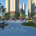 Children's Play Area With High Rise Buildings Green Trees Colorful Slides Swings And Kids Playing