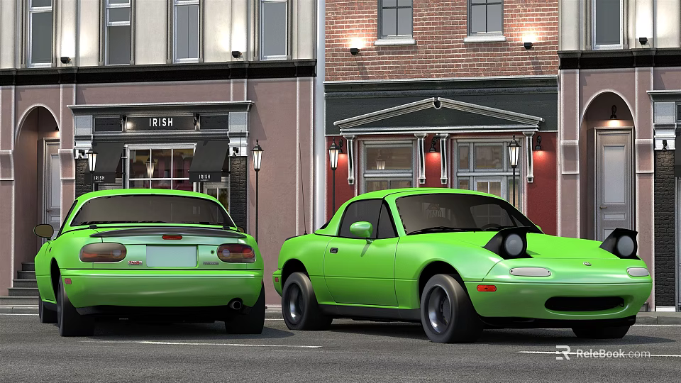 Green Convertible Cars Parked On City Street With Building Background 3d model 