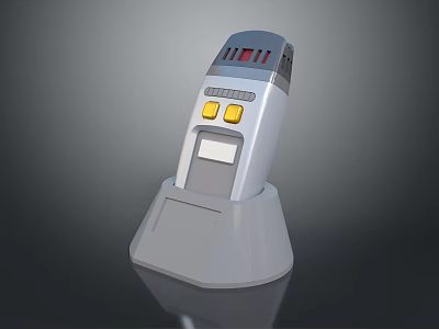 Gray Handheld Device With Digital Display Yellow Buttons And Charging Stand 3d model