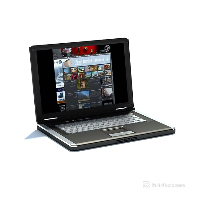 Modern Laptop With Open Screen Displaying Web Media Content And 3d model 