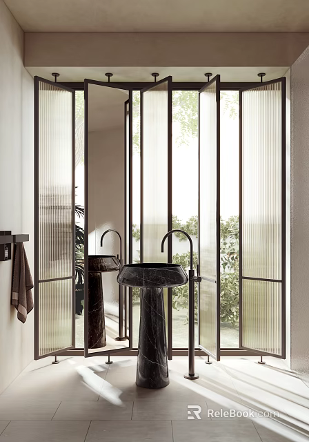 Modern Bathroom Sink With Black Faucet Marble Countertop Glass Partition And Natural Light 3d model 