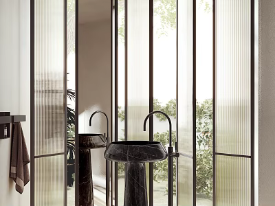 Modern Bathroom Sink With Black Faucet Marble Countertop Glass Partition And Natural Light 3d model