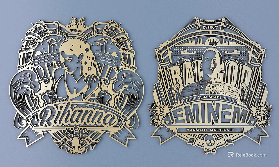 Intricate Metal Carving Art With Rihanna Eminem Portrait Designs And Decorative Details 3d model 