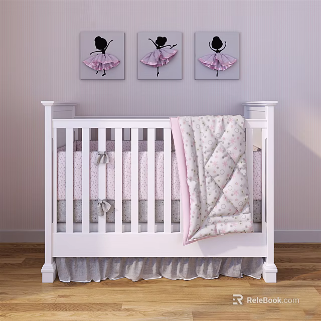 White Baby Crib With Pink And White Quilt Ballet Themed Wall Art On Striped Wall 3d model 