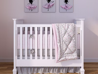White Baby Crib With Pink And White Quilt Ballet Themed Wall Art On Striped Wall 3d model