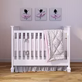 White Baby Crib With Pink And White Quilt Ballet Themed Wall Art On Striped Wall