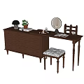 Wooden Dressing Table with Mirror Table Lamp Potted Plant Book and Furry Stool