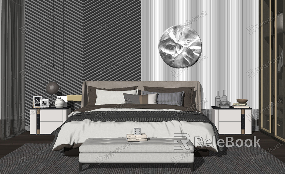 Modern Background Double Bed Bedding Wardrobe Ornaments model