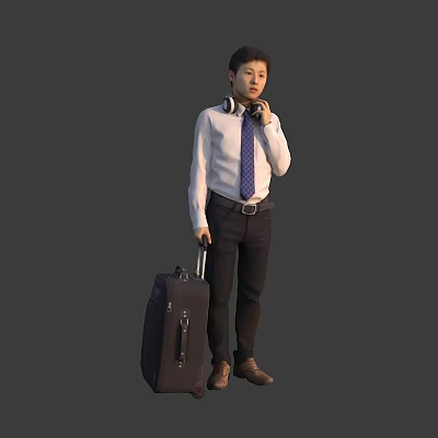 Man In White Shirt And Blue Tie With Headphones Holding Black Suitcase 3d model
