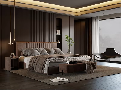 Modern Bedroom Interior Featuring Dark Wooden Walls Upholstered Headboard Table Lamp And Accent Chair 3d model