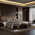 Modern Bedroom Interior Featuring Dark Wooden Walls Upholstered Headboard Table Lamp And Accent Chair