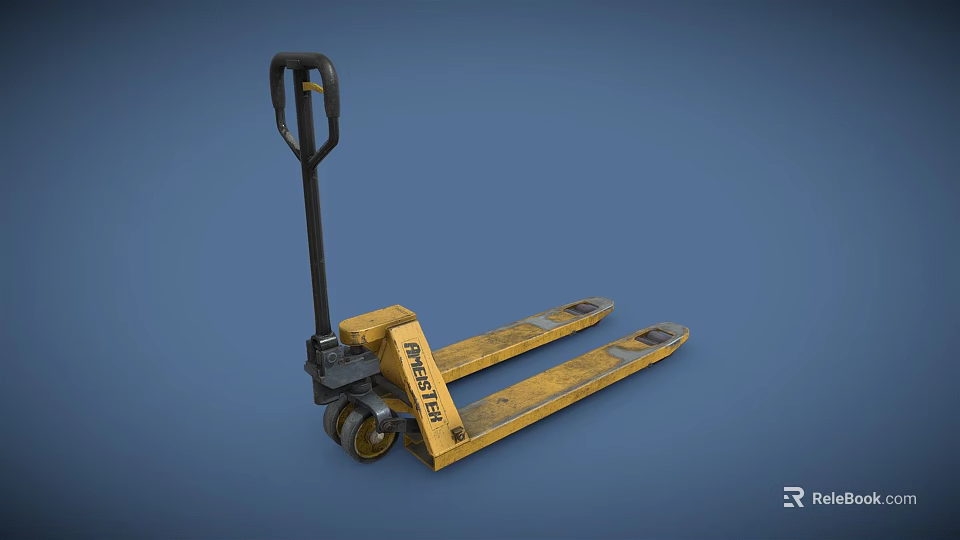 Yellow Hydraulic Manual Pallet Jack With Handle Forks And Wheels On Blue Surface 3d model 
