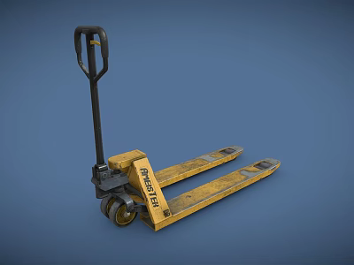 Yellow Hydraulic Manual Pallet Jack With Handle Forks And Wheels On Blue Surface 3d model
