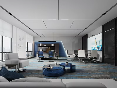 Modern Office Interior Design With Sofa Work Desks Large Screen And Carpet 3d model
