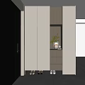 Modern Light Wood Shoe Cabinet With Open Shelf Grey Panels Drawers And Decorative Plant