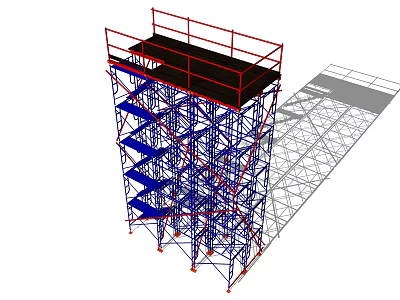 Scaffolding Structure With Red Guardrails Blue Frame And Metal Stairs 3d model