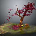 Red Maple Tree With Curved Branches Red Leaves Fallen Leaves Stone Path And Lantern