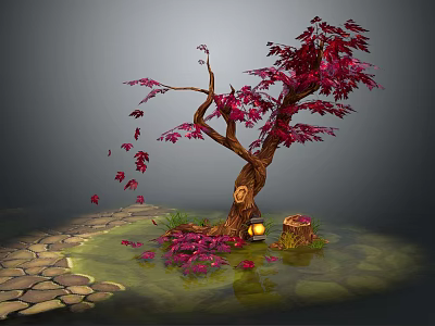 Red Maple Tree With Curved Branches Red Leaves Fallen Leaves Stone Path And Lantern 3d model