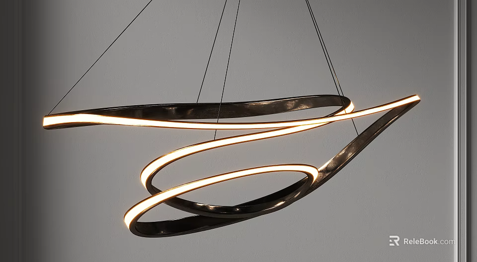 Sleek Modern Chandelier With Curved Metallic Strips And Illuminated LED Lines 3d model 