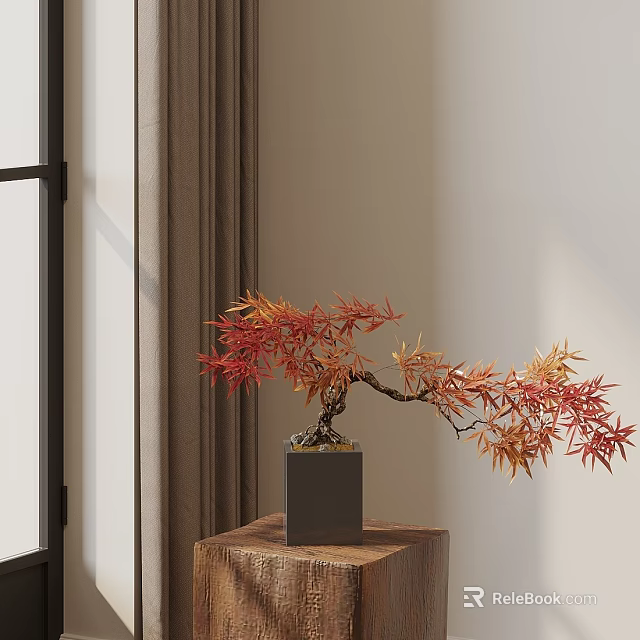 Elegant Bonsai Tree With Red And Orange Leaves On Wooden Table Indoor With Window Curtains 3d model 