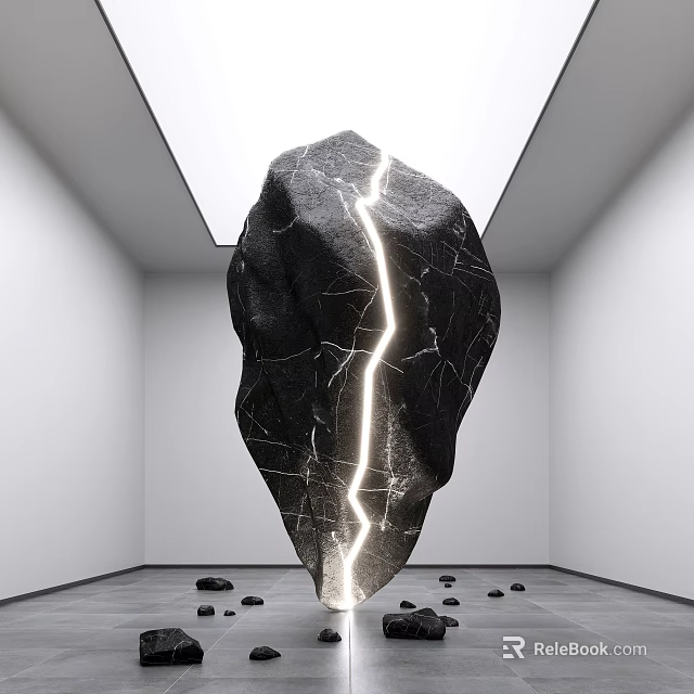 Black Stone Sculpture With Lightning Crack In White Room Gray Floor Ceiling Light 3d model 