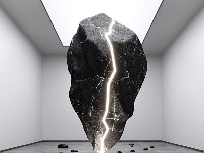 Black Stone Sculpture With Lightning Crack In White Room Gray Floor Ceiling Light 3d model
