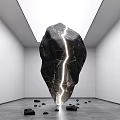 Black Stone Sculpture With Lightning Crack In White Room Gray Floor Ceiling Light