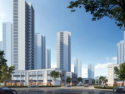 Modern Commercial Street With High Rise Buildings Shops Green Trees And Urban Architecture 3d model