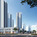 Modern Commercial Street With High Rise Buildings Shops Green Trees And Urban Architecture