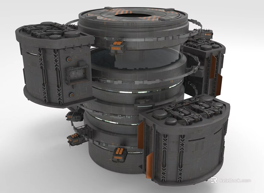 Futuristic Circular Building Featuring Multi Layered Ring Shaped Metal Structure And Mechanical Panels 3d model